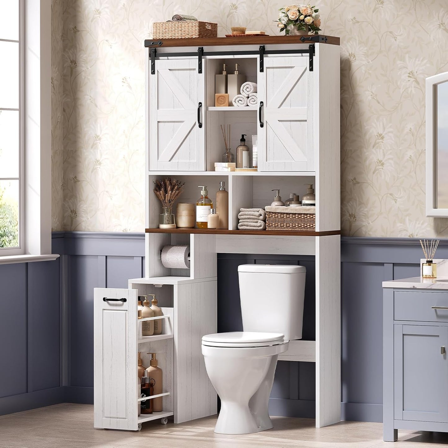 Farmhouse Over The Toilet Storage Cabinet with Pulley, Bathroom Storage Cabinet with Adjustable Shelf and Open Shelf for Bathroom, Restroom, Laundry, White Brown
