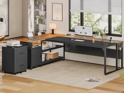 71" Executive Desk with Mobile File Cabinet, Reversible L Shaped Desk with Power Outlets, Large Office Desk, Rustic Brown