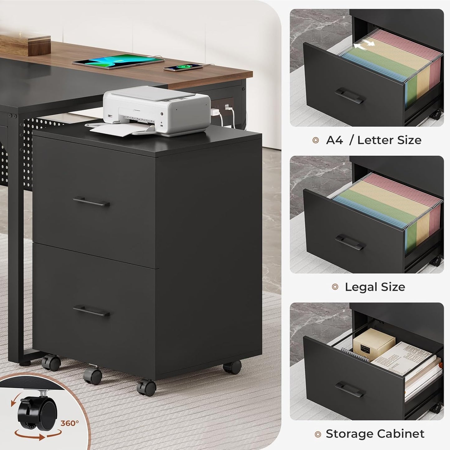 71" L Shaped Executive Desk, Reversible Computer Desk with Mobile File Cabinet and Power Outlets, Large Office Desk with Storage Shelves for Home Office, Walnut