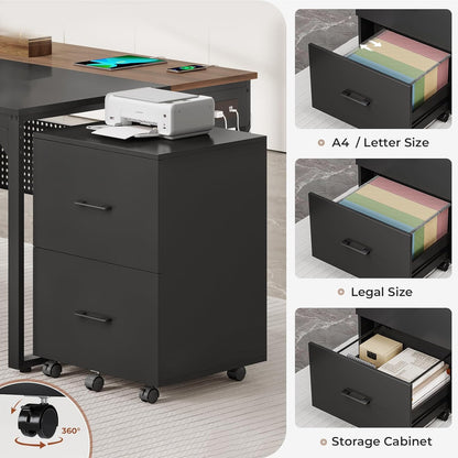 71" L Shaped Executive Desk, Reversible Computer Desk with Mobile File Cabinet and Power Outlets, Large Office Desk with Storage Shelves for Home Office, Walnut