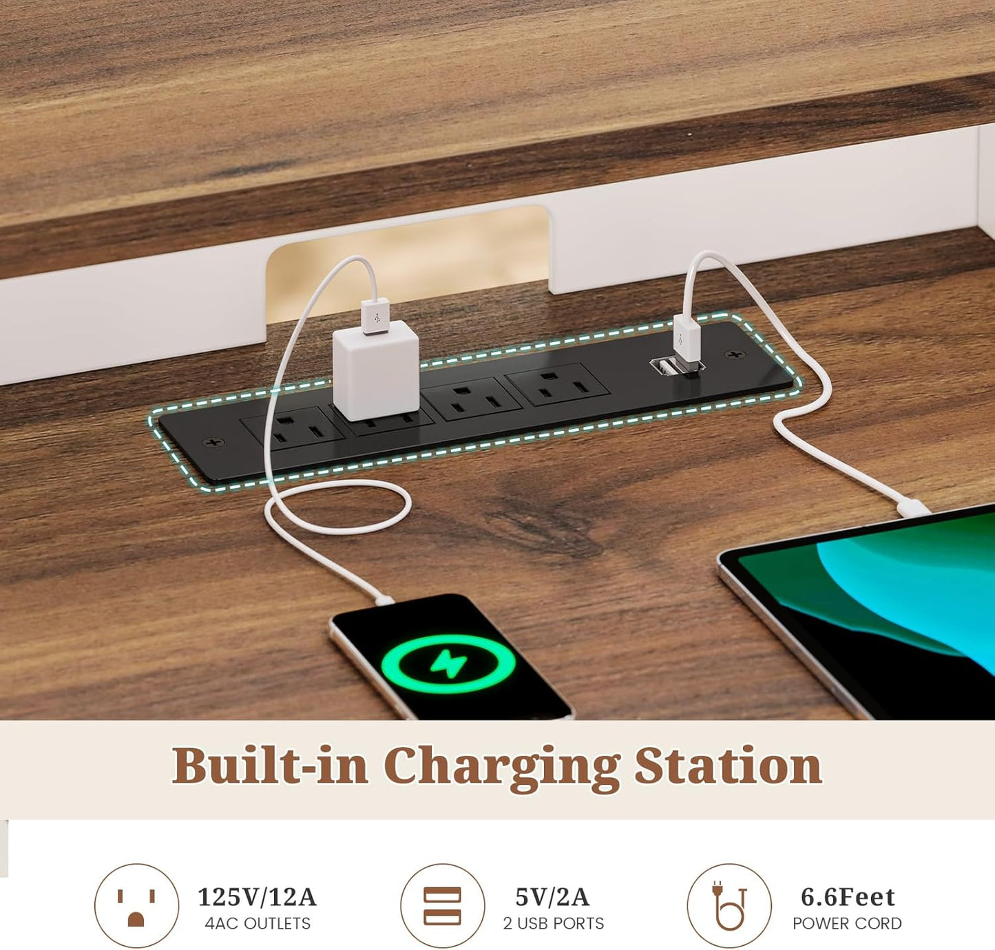 60'' Farmhouse Executive Desk with Drawers, Computer Desk with Power Outlet and LED Lights for Home, Office, White