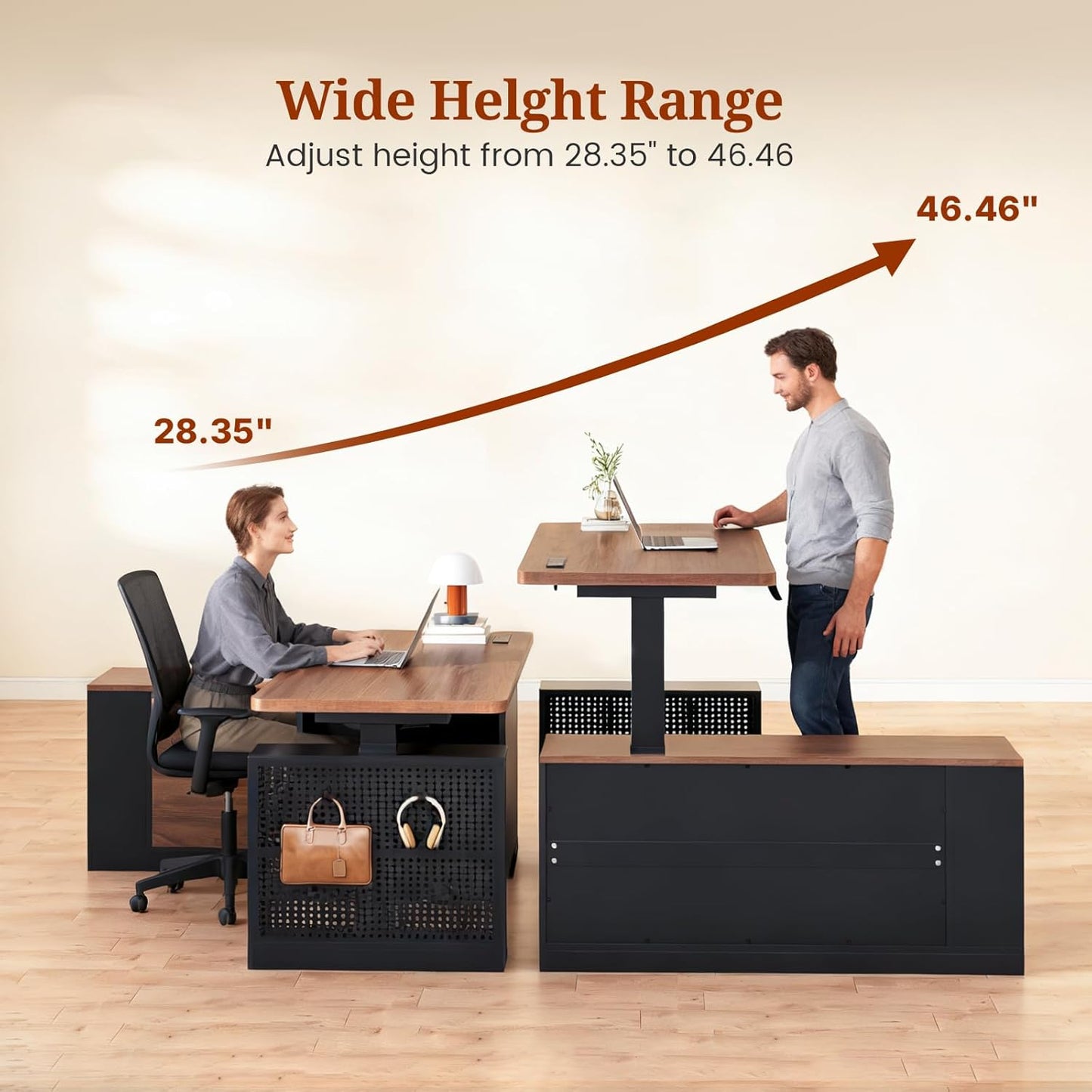 L Shaped Standing Desk, 53" Electric Office Desk with Power Outlets and File Drawers, Corner Computer Desk with Pegboard, Adjustable Height, Walnut