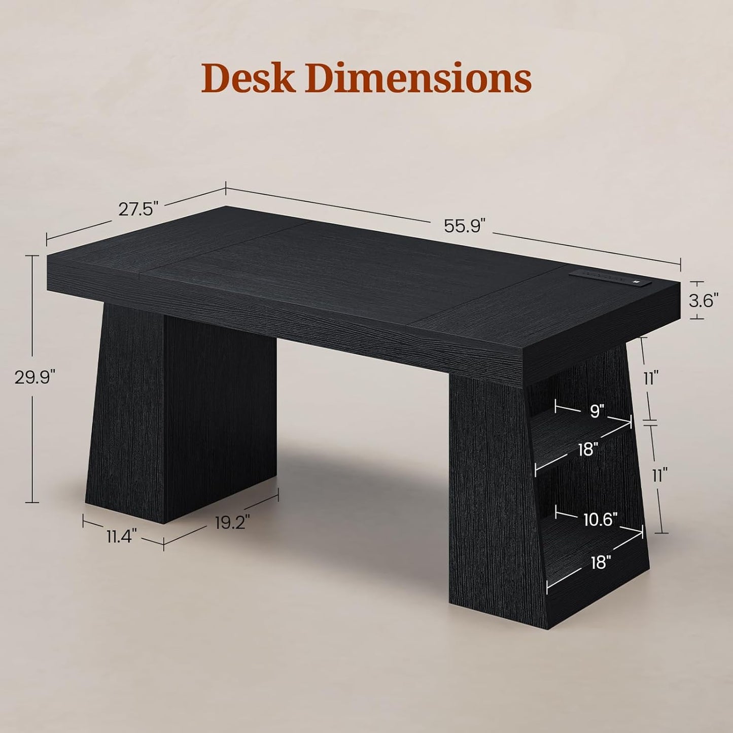 55.9" Executive Desk with Power Outlets, Modern Home Office Desk with Storage Shelves, Computer Desk Conference Table, Black