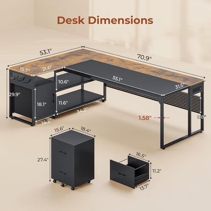 71" Executive Desk with Mobile File Cabinet, Reversible L Shaped Desk with Power Outlets, Large Office Desk, Rustic Brown