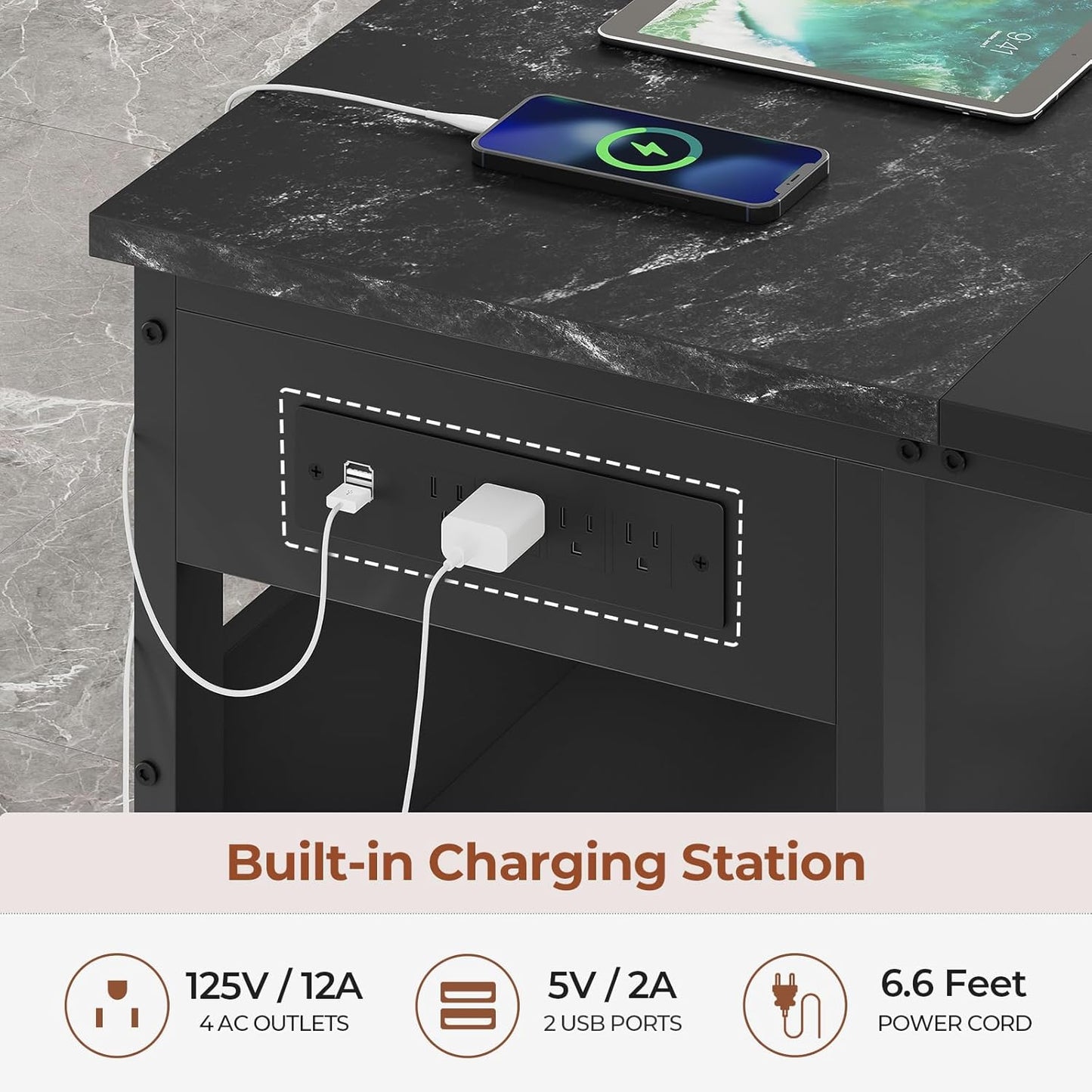 71" L Shaped Executive Desk, Large Office Desk with Widen File Drawers and Power Outlets, Reversible Computer Desk Corner Desk with Storage Shelves, Marble Black