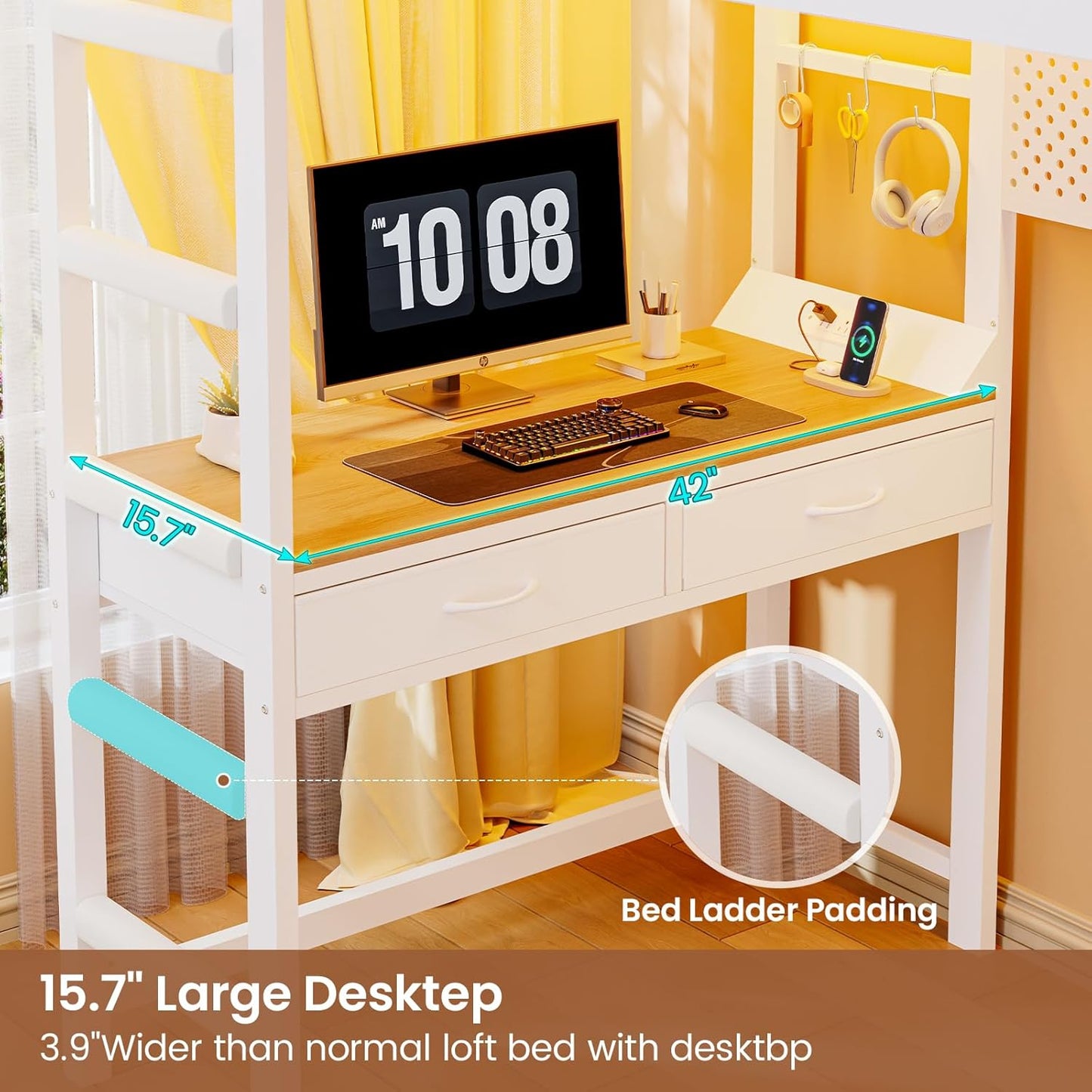 Twin Size Loft Bed with Desk and Pegboard, Metal Bed Frame with Storage Hamper, Cloth Rack, Power Outlet and LED Lighted, No Box Spring Needed, White