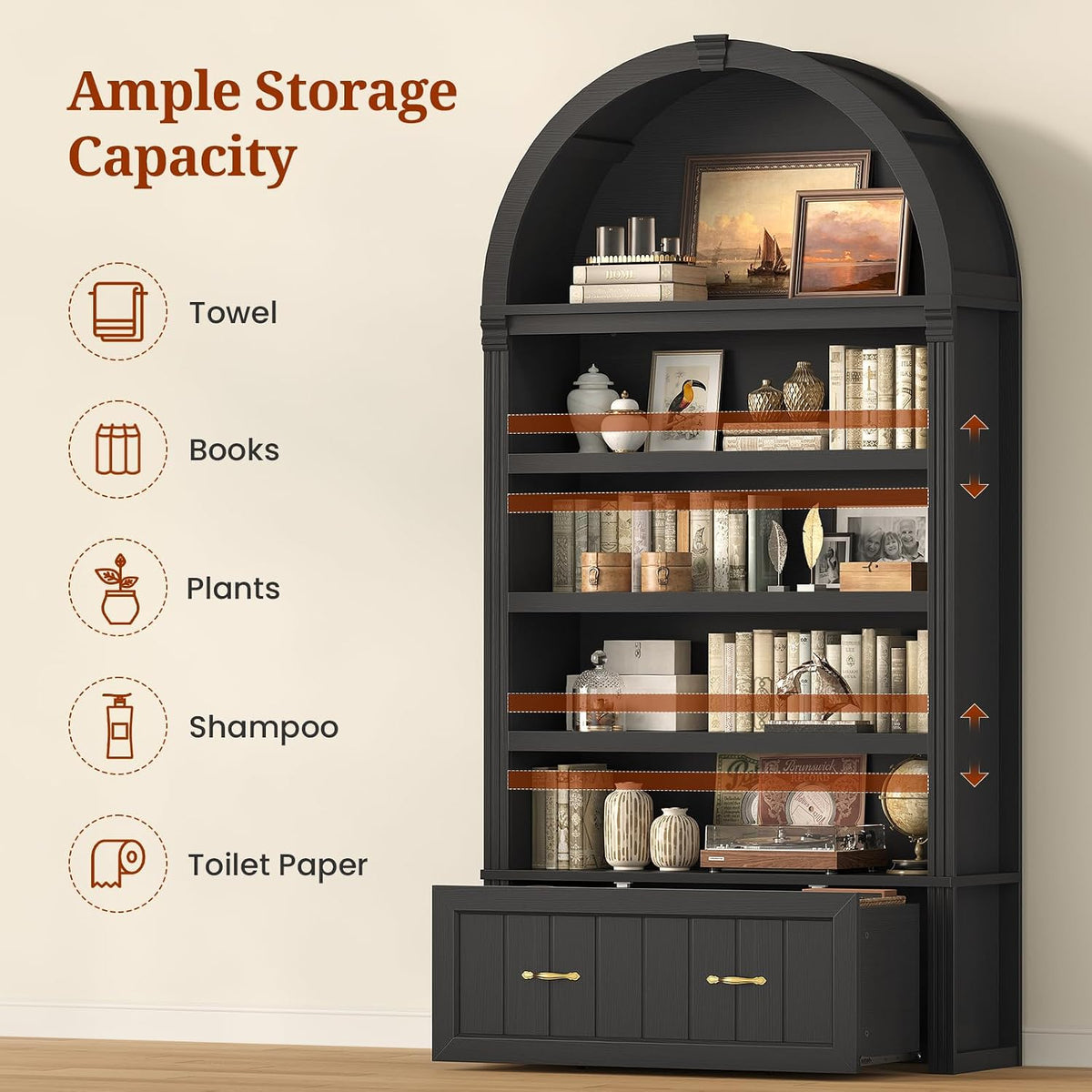 83" Tall Arched Cabinets, 5-Tier Bookcase with Widened Drawer & Adjustable Shelves, Mid-Century Modern Bookshelf for Living Room, Home Office, Black