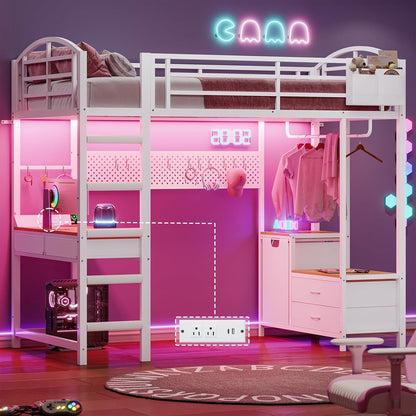Twin Size Loft Bed with Desk and Pegboard, Metal Bed Frame with Storage Hamper, Cloth Rack, Power Outlet and LED Lighted, No Box Spring Needed, White