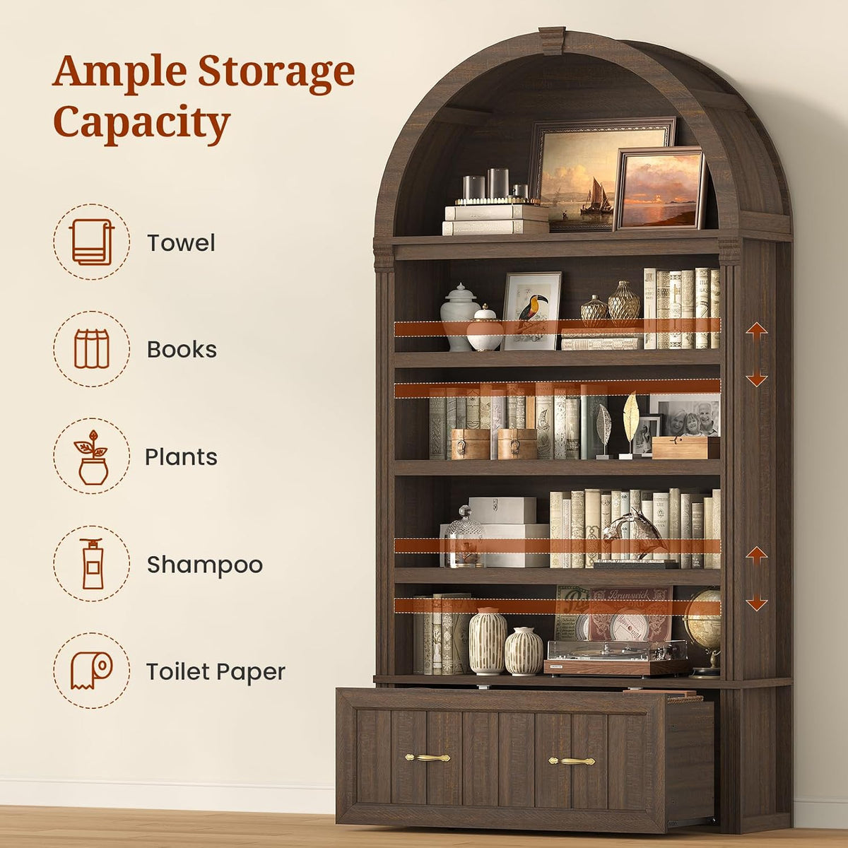 83" Tall Arched Cabinets, 5-Tier Bookcase with Widened Drawer & Adjustable Shelves, Mid-Century Modern Bookshelf for Living Room, Home Office, Walnut