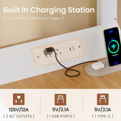 Twin Size Loft Bed with Desk and Pegboard, Metal Bed Frame with Storage Hamper, Cloth Rack, Power Outlet and LED Lighted, No Box Spring Needed, White