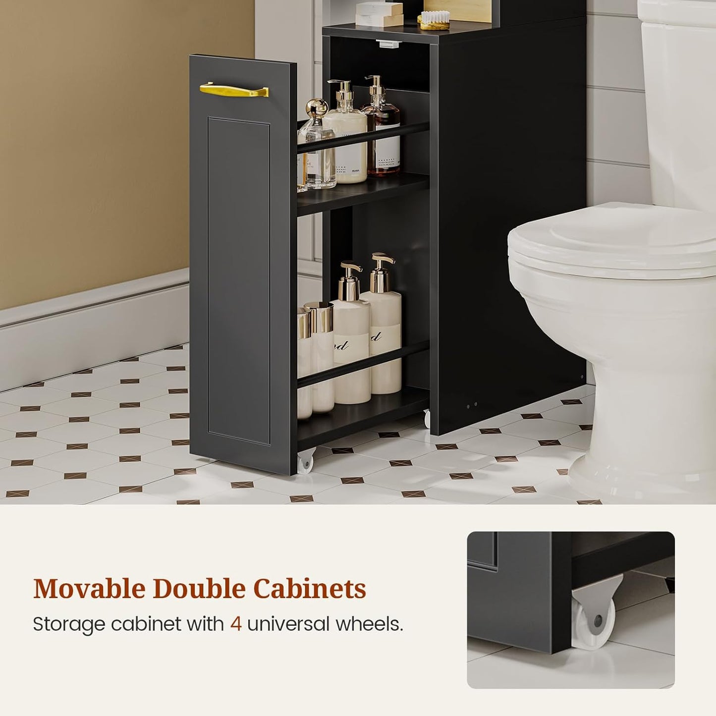 Over The Toilet Storage Cabinet with Pulley, Bathroom Storage Cabinet, with Adjustable Shelf and Open Shelf for Bathroom, Restroom, Laundry, Black