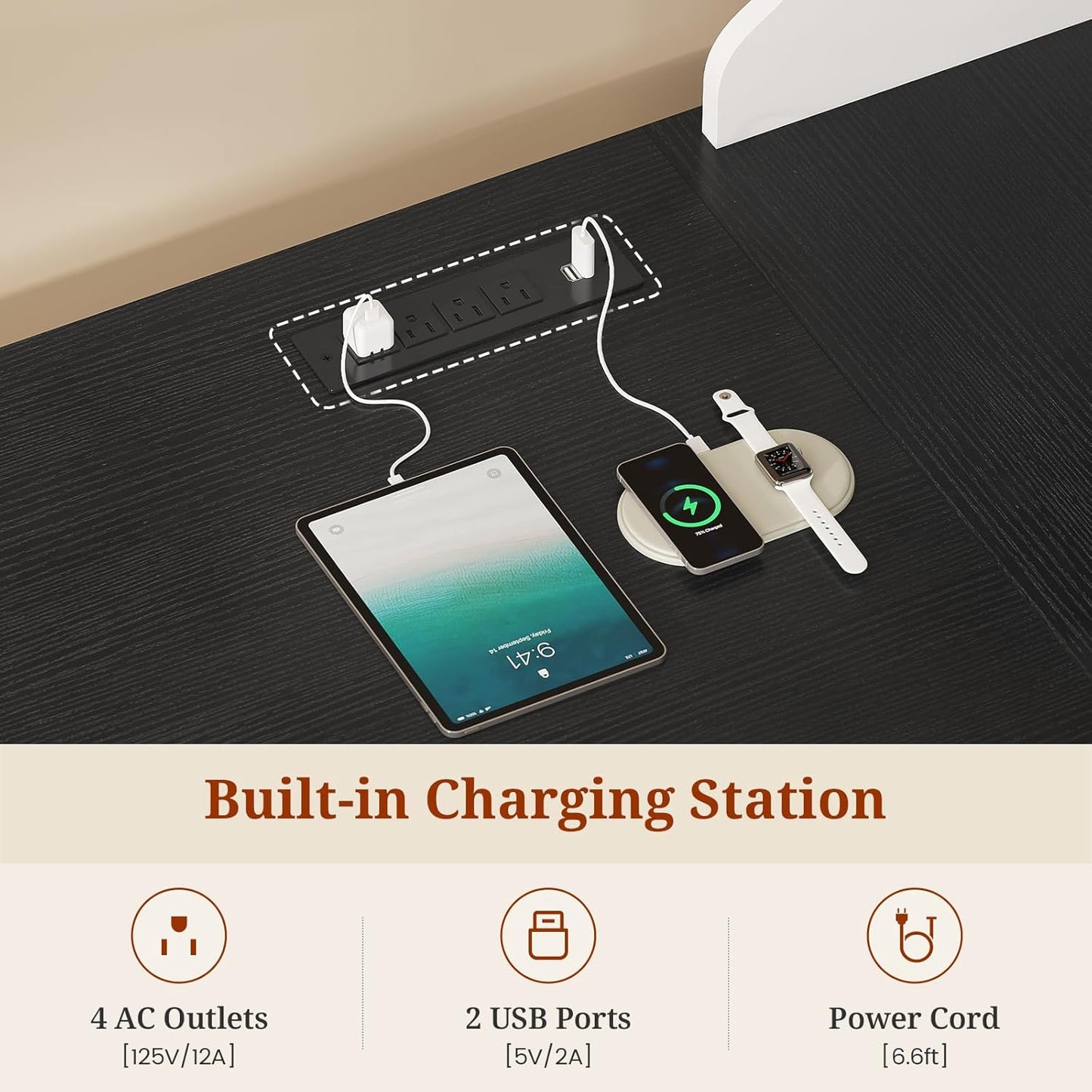 61" Executive Desk, Farmhouse L Shaped Computer Desk with Power Outlets and LED Light, Home Office Desk with 3 Drawers and 4-Tier Paper Organizer, White