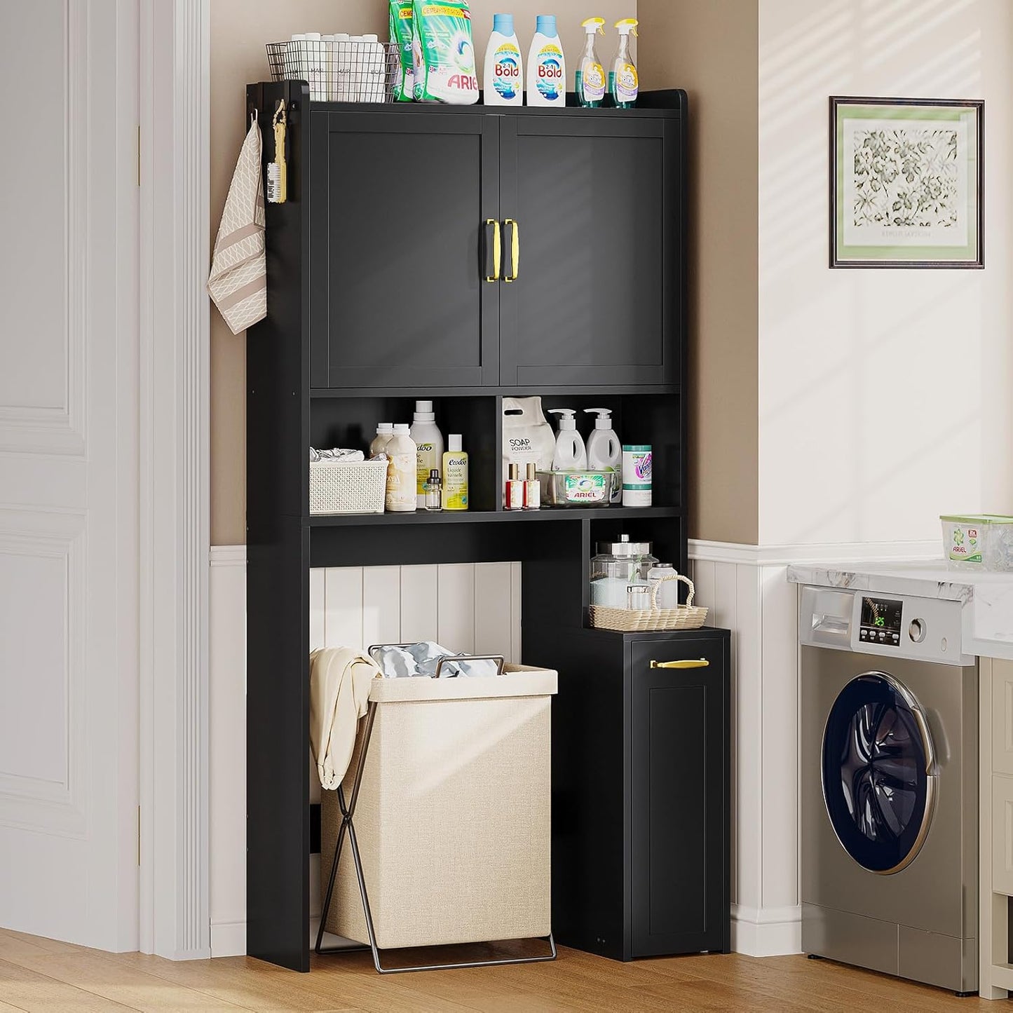 Over The Toilet Storage Cabinet with Pulley, Bathroom Storage Cabinet, with Adjustable Shelf and Open Shelf for Bathroom, Restroom, Laundry, Black