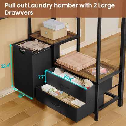 Twin Size Loft Bed with Desk and Pegboard, Metal Bed Frame with Storage Hamper, Cloth Rack, Power Outlet and LED Lighted, No Box Spring Needed, Black