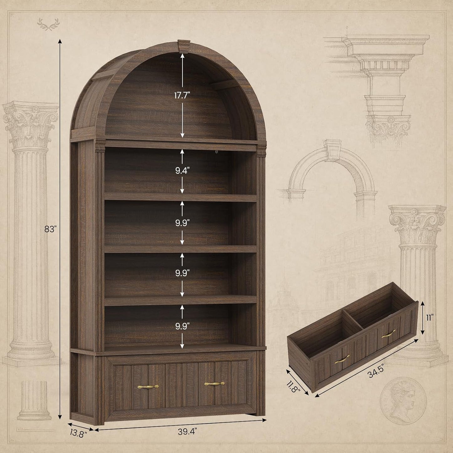 83" Tall Arched Cabinets, 5-Tier Bookcase with Widened Drawer & Adjustable Shelves, Mid-Century Modern Bookshelf for Living Room, Home Office, Walnut
