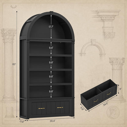 83" Tall Arched Cabinets, 5-Tier Bookcase with Widened Drawer & Adjustable Shelves, Mid-Century Modern Bookshelf for Living Room, Home Office, Black