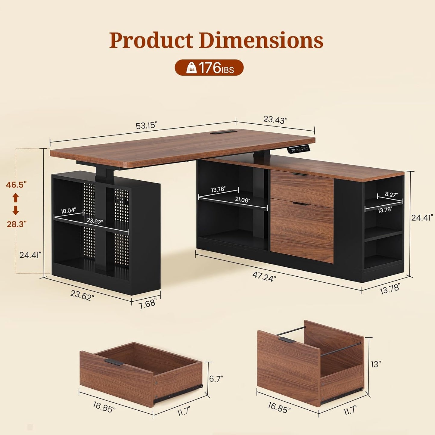 L Shaped Standing Desk, 53" Electric Office Desk with Power Outlets and File Drawers, Corner Computer Desk with Pegboard, Adjustable Height, Walnut