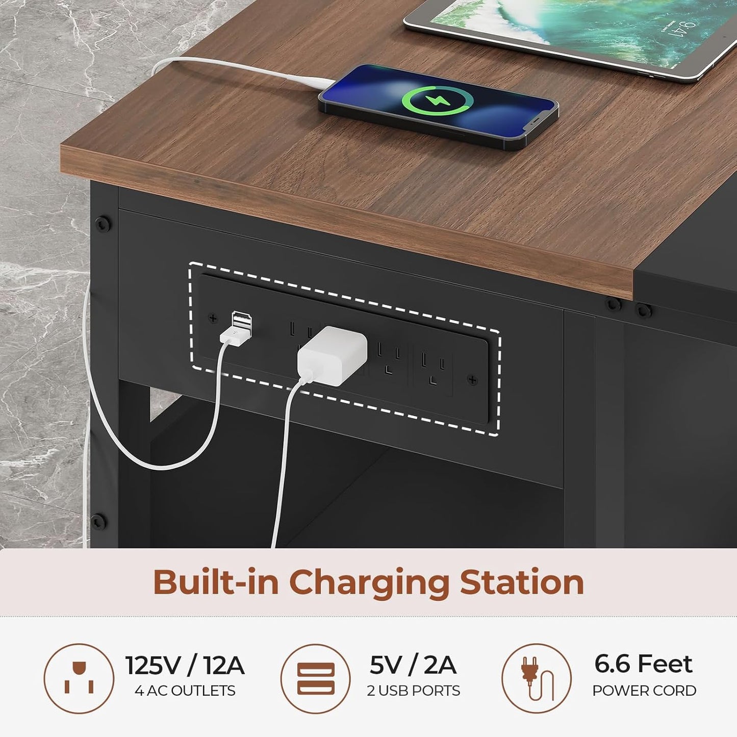 71" L Shaped Executive Desk, Large Office Desk with Widen File Drawers and Power Outlets, Reversible Computer Desk Corner Desk with Storage Shelves, Walnut