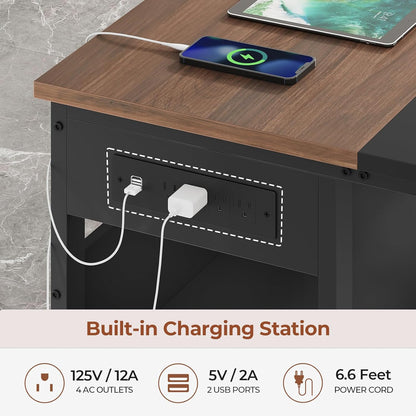 71" L Shaped Executive Desk, Large Office Desk with Widen File Drawers and Power Outlets, Reversible Computer Desk Corner Desk with Storage Shelves, Walnut