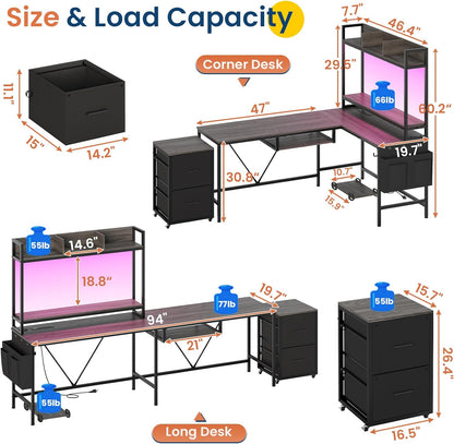 L Shaped Computer Desk with Power Outlet and LED Strip, Reversible Gaming Desk with 2 Drawer and Keyboard Tray, Gray