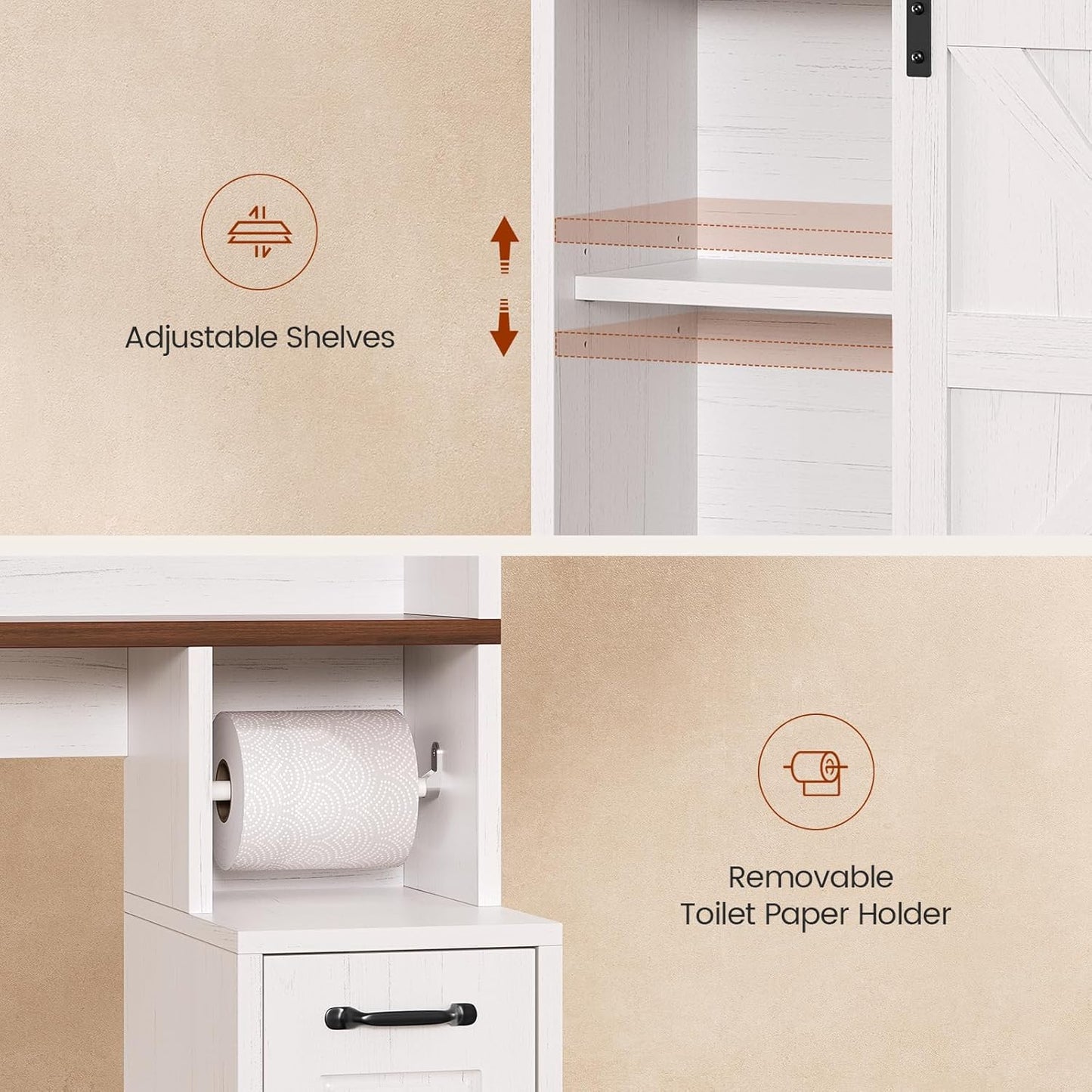Farmhouse Over The Toilet Storage Cabinet with Pulley, Bathroom Storage Cabinet with Adjustable Shelf and Open Shelf for Bathroom, Restroom, Laundry, White Brown