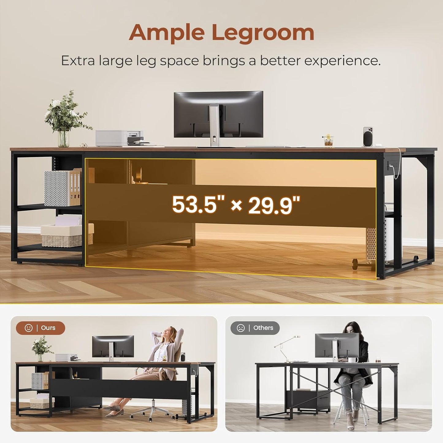 71" L Shaped Executive Desk, Large Office Desk with Widen File Drawers and Power Outlets, Reversible Computer Desk Corner Desk with Storage Shelves, Walnut