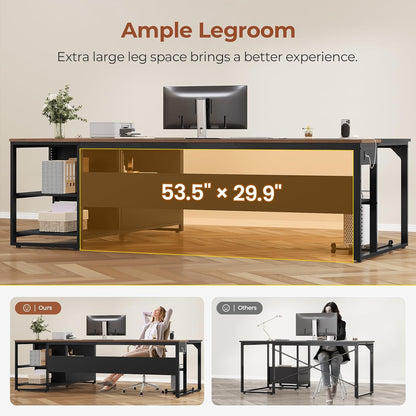 71" L Shaped Executive Desk, Large Office Desk with Widen File Drawers and Power Outlets, Reversible Computer Desk Corner Desk with Storage Shelves, Walnut