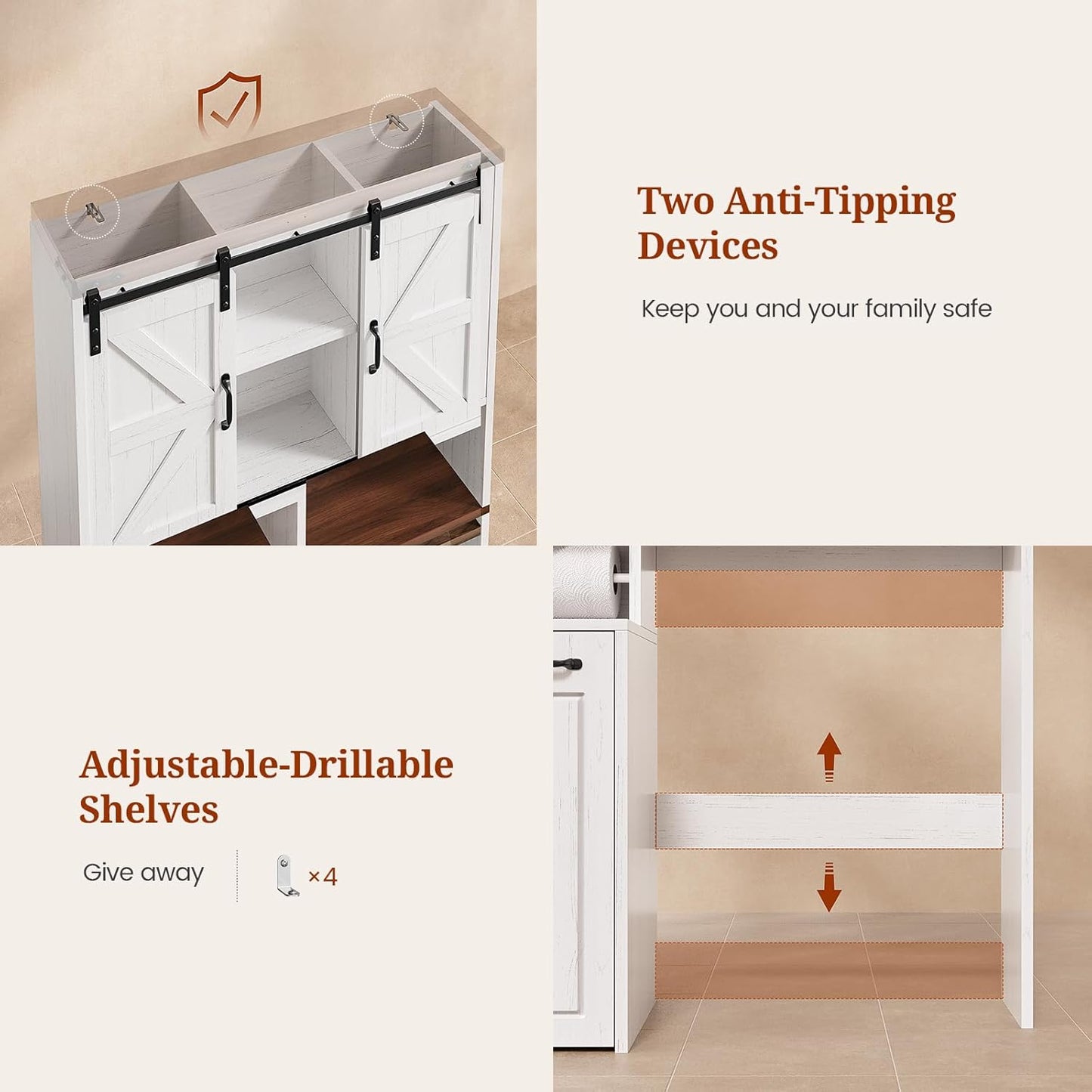 Farmhouse Over The Toilet Storage Cabinet with Pulley, Bathroom Storage Cabinet with Adjustable Shelf and Open Shelf for Bathroom, Restroom, Laundry, White Brown