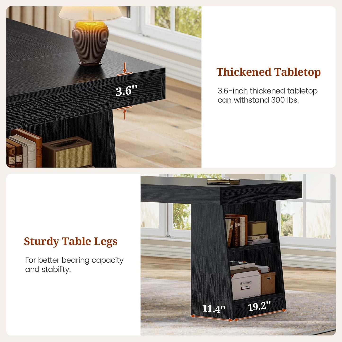 55.9" Executive Desk with Power Outlets, Modern Home Office Desk with Storage Shelves, Computer Desk Conference Table, Black