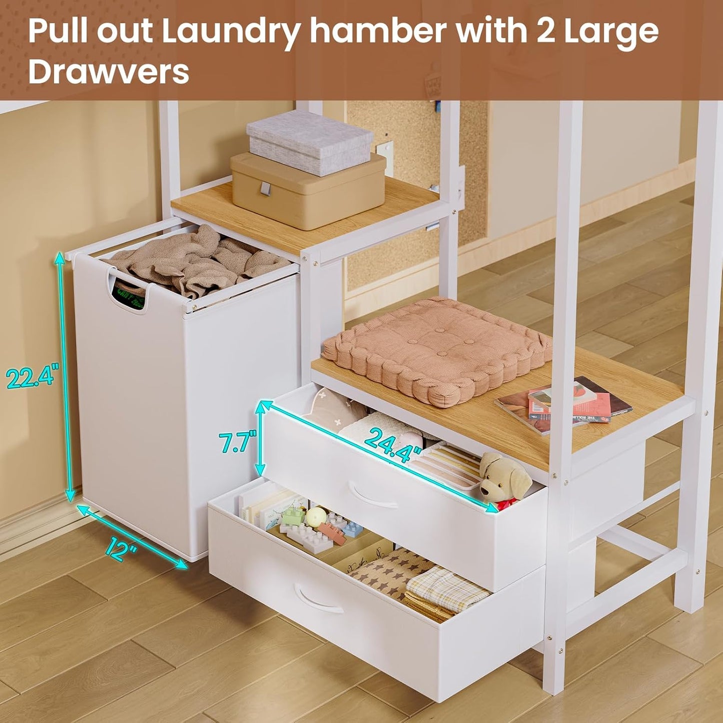 Twin Size Loft Bed with Desk and Pegboard, Metal Bed Frame with Storage Hamper, Cloth Rack, Power Outlet and LED Lighted, No Box Spring Needed, White