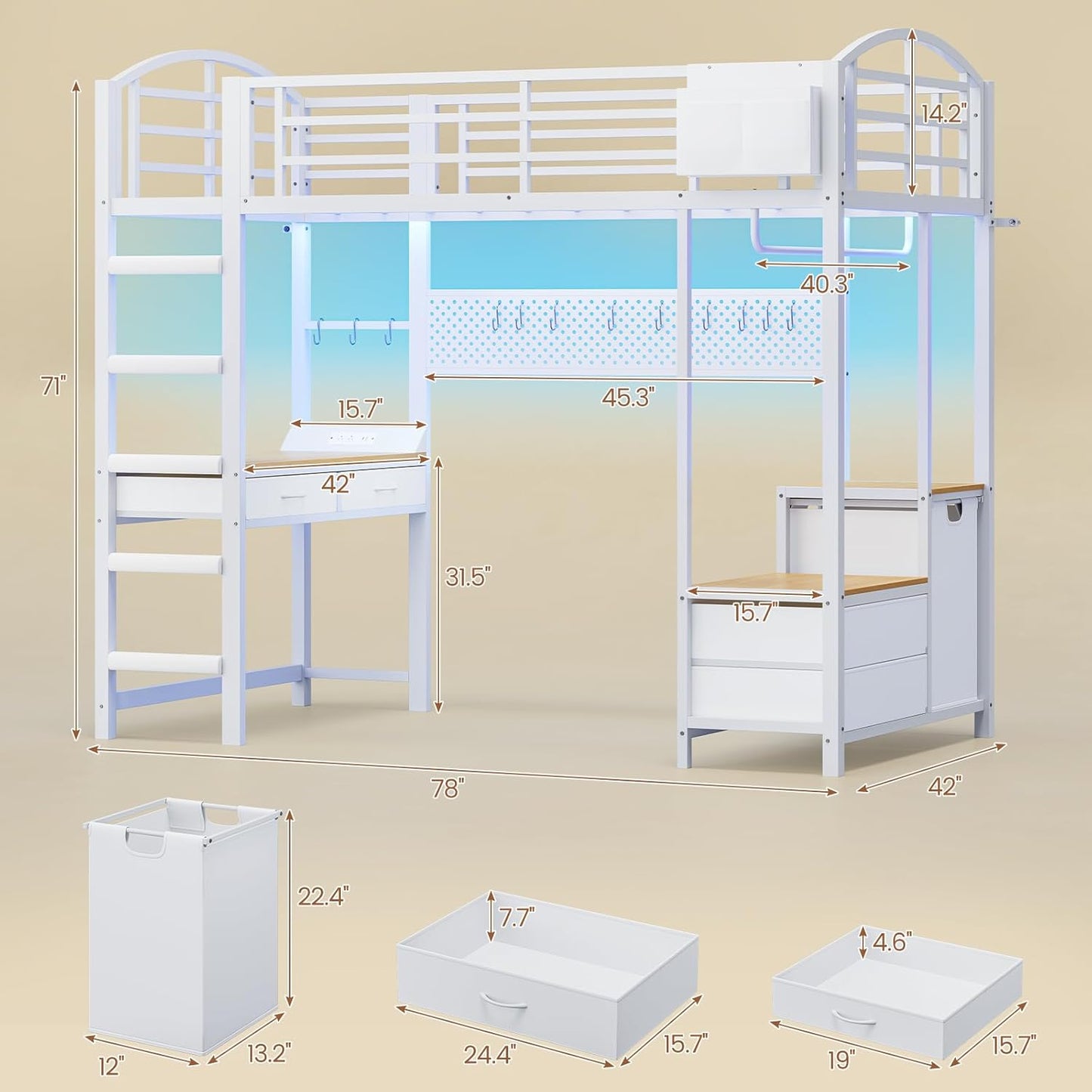Twin Size Loft Bed with Desk and Pegboard, Metal Bed Frame with Storage Hamper, Cloth Rack, Power Outlet and LED Lighted, No Box Spring Needed, White