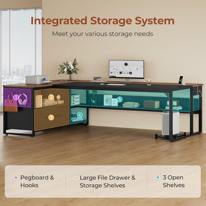 71" L Shaped Executive Desk, Large Office Desk with Widen File Drawers and Power Outlets, Reversible Computer Desk Corner Desk with Storage Shelves, Walnut