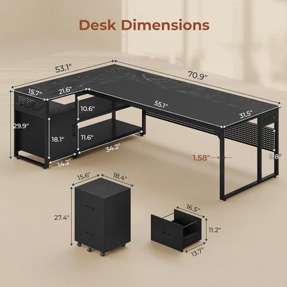 71" L Shaped Executive Desk, Reversible Computer Desk with Mobile File Cabinet and Power Outlets, Large Office Desk with Storage Shelves for Home Office, Marble Black