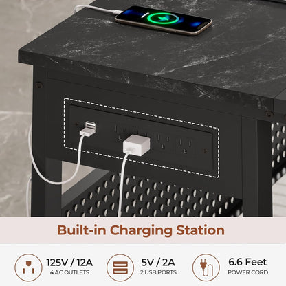 71" L Shaped Executive Desk, Reversible Computer Desk with Mobile File Cabinet and Power Outlets, Large Office Desk with Storage Shelves for Home Office, Marble Black