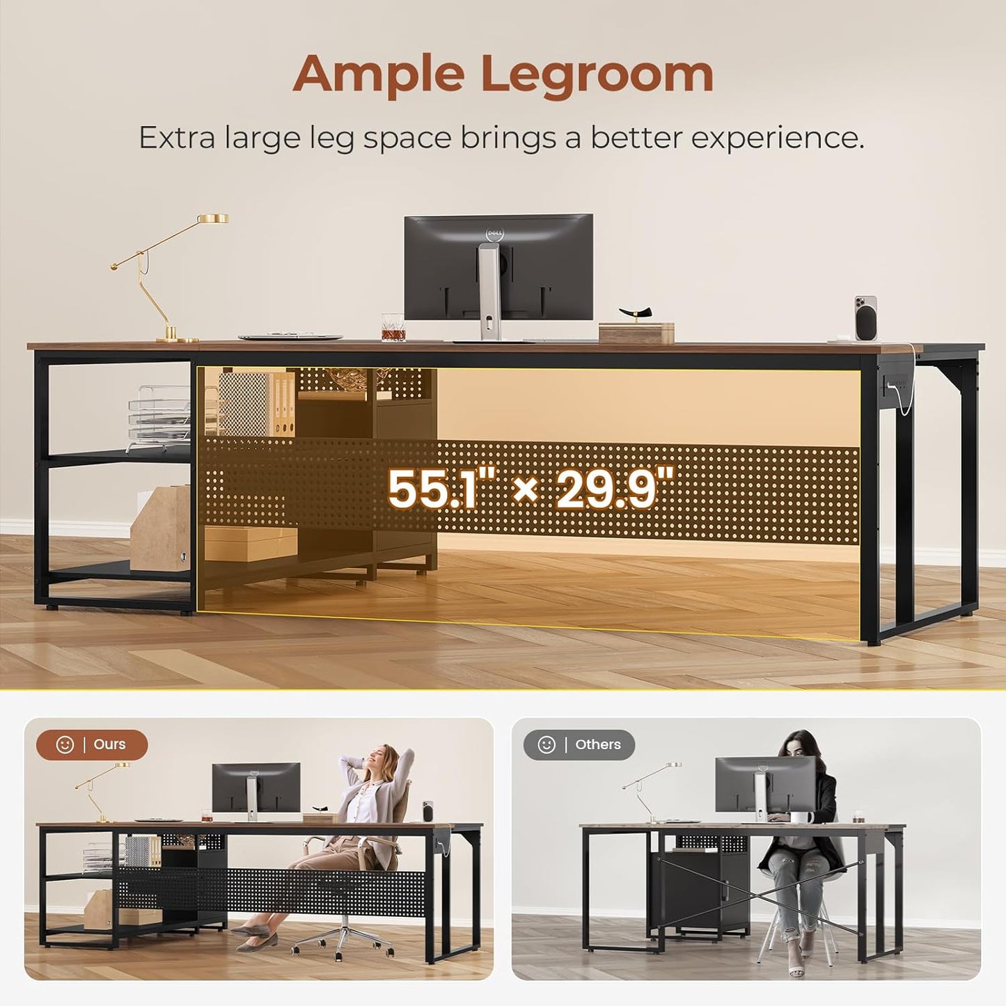 71" L Shaped Executive Desk, Reversible Computer Desk with Mobile File Cabinet and Power Outlets, Large Office Desk with Storage Shelves for Home Office, Walnut