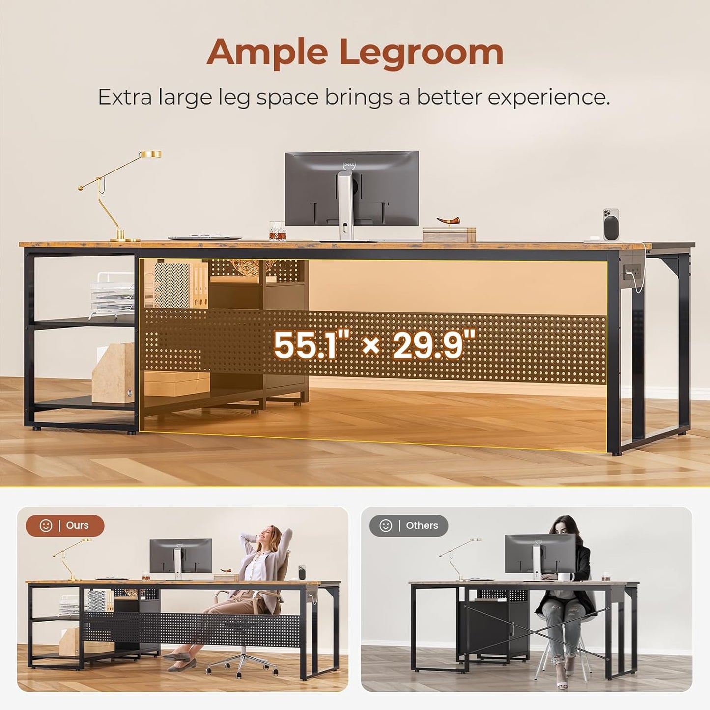 71" Executive Desk with Mobile File Cabinet, Reversible L Shaped Desk with Power Outlets, Large Office Desk, Rustic Brown