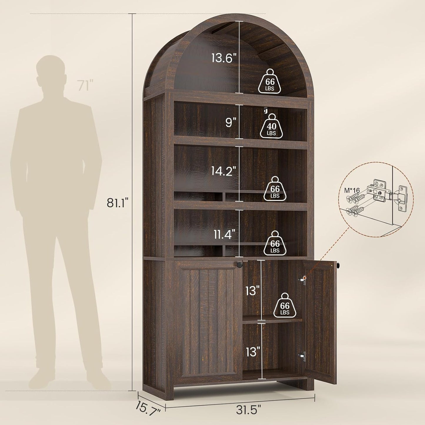 81" Tall Arched Bookshelf, Kitchen Pantry Storage Cabinet, 6-Tier Bookcase with 2 Doors for Living Room, Kitchen, Home Office, Walnut