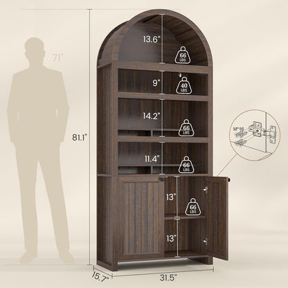 81" Tall Arched Bookshelf, Kitchen Pantry Storage Cabinet, 6-Tier Bookcase with 2 Doors for Living Room, Kitchen, Home Office, Walnut