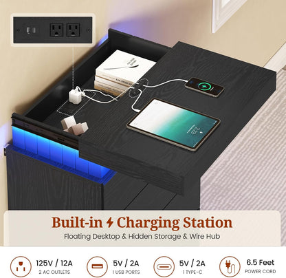 5 Drawers Dresser, Modern Floating Dressers with LED Light and Power Outlet, Chest of Drawer for Living Room, Hallway, Entryway, Black