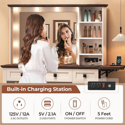 Makeup Vanity Desk with Charging Station, Dressing Table with 3 Lighting Modes and 3 Drawers, Antique White