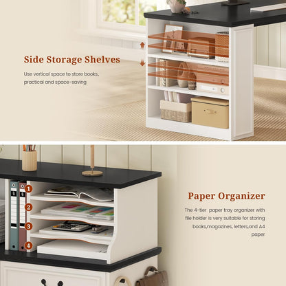 61" Executive Desk, Farmhouse L Shaped Computer Desk with Power Outlets and LED Light, Home Office Desk with 3 Drawers and 4-Tier Paper Organizer, White