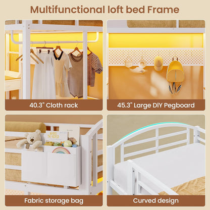 Twin Size Loft Bed with Desk and Pegboard, Metal Bed Frame with Storage Hamper, Cloth Rack, Power Outlet and LED Lighted, No Box Spring Needed, White