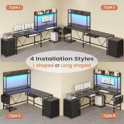 L Shaped Computer Desk with Power Outlet and LED Strip, Reversible Gaming Desk with 2 Drawer and Keyboard Tray, Gray