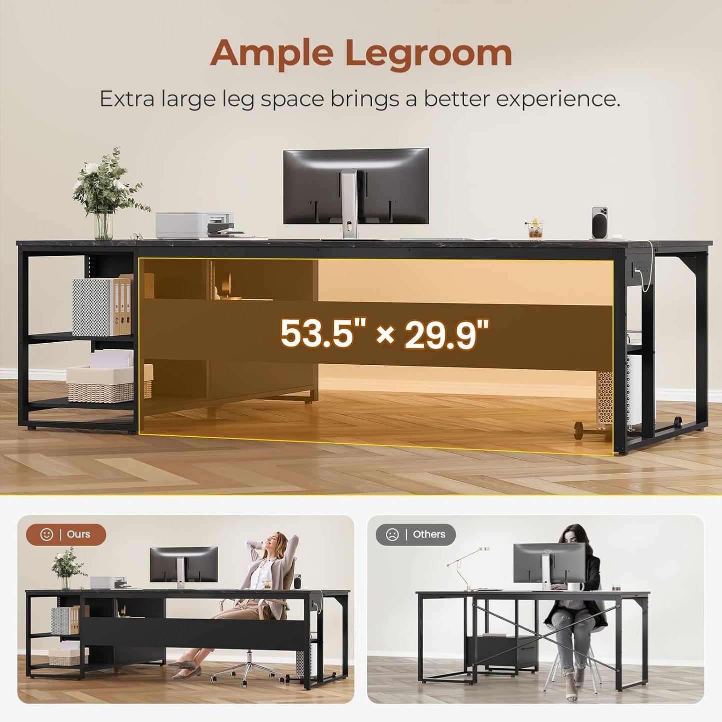 71" L Shaped Executive Desk, Large Office Desk with Widen File Drawers and Power Outlets, Reversible Computer Desk Corner Desk with Storage Shelves, Marble Black