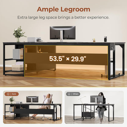 71" L Shaped Executive Desk, Large Office Desk with Widen File Drawers and Power Outlets, Reversible Computer Desk Corner Desk with Storage Shelves, Marble Black
