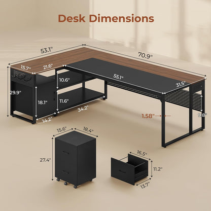 71" L Shaped Executive Desk, Reversible Computer Desk with Mobile File Cabinet and Power Outlets, Large Office Desk with Storage Shelves for Home Office, Walnut