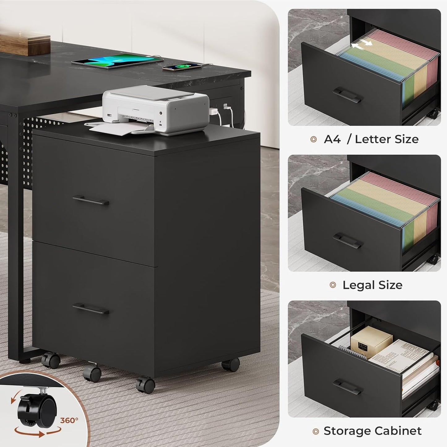 71" L Shaped Executive Desk, Reversible Computer Desk with Mobile File Cabinet and Power Outlets, Large Office Desk with Storage Shelves for Home Office, Marble Black