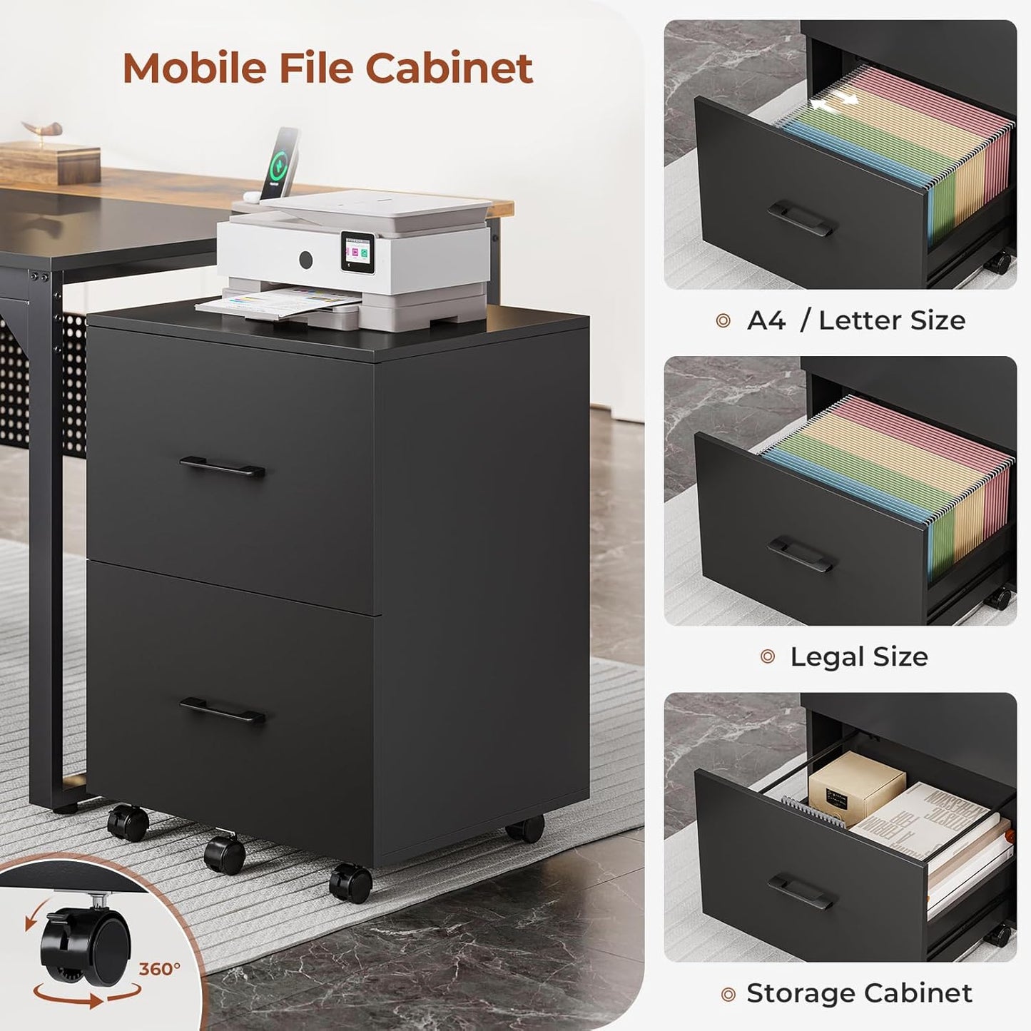 71" Executive Desk with Mobile File Cabinet, Reversible L Shaped Desk with Power Outlets, Large Office Desk, Rustic Brown
