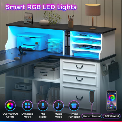 61" Executive Desk, Farmhouse L Shaped Computer Desk with Power Outlets and LED Light, Home Office Desk with 3 Drawers and 4-Tier Paper Organizer, White