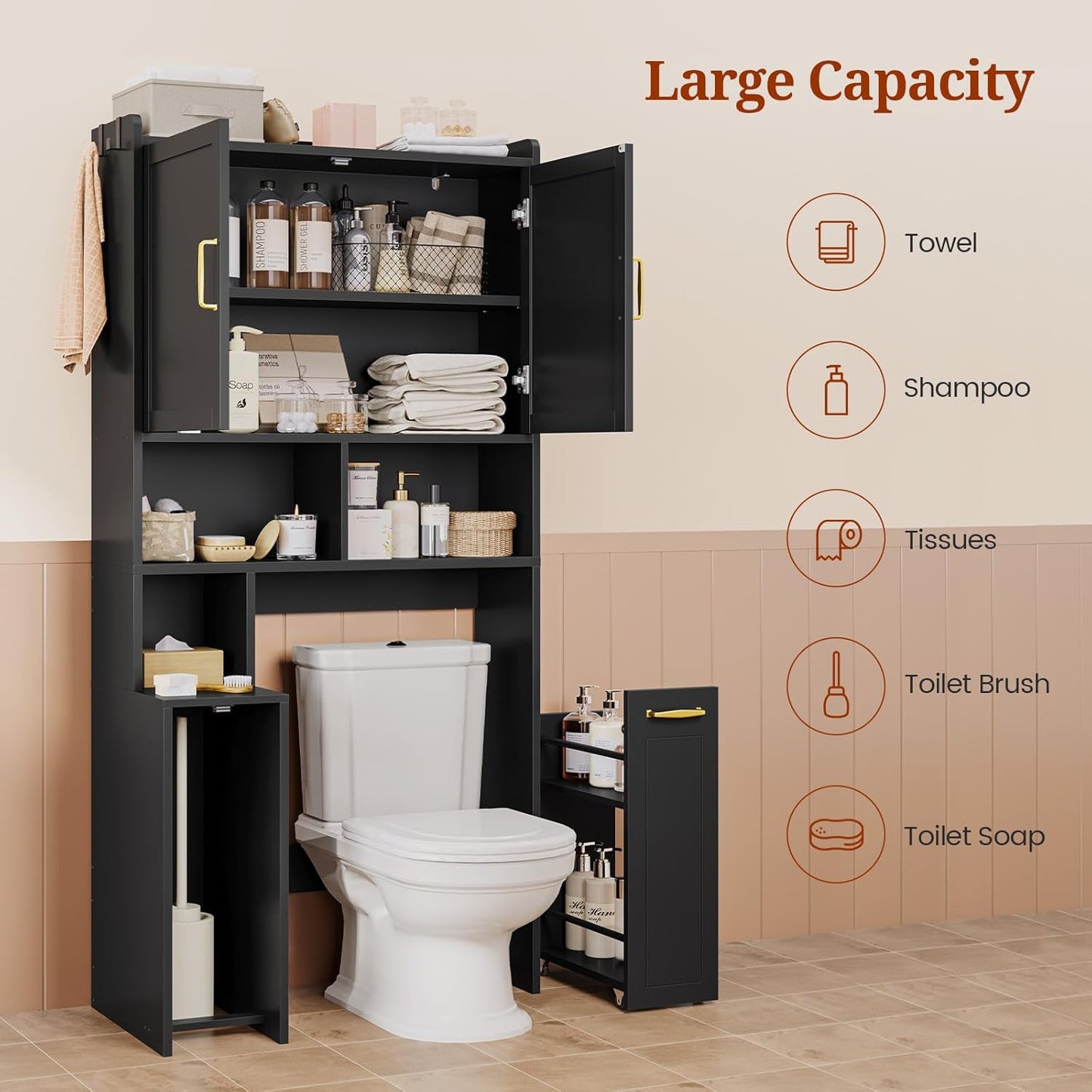 Over The Toilet Storage Cabinet with Pulley, Bathroom Storage Cabinet, with Adjustable Shelf and Open Shelf for Bathroom, Restroom, Laundry, Black